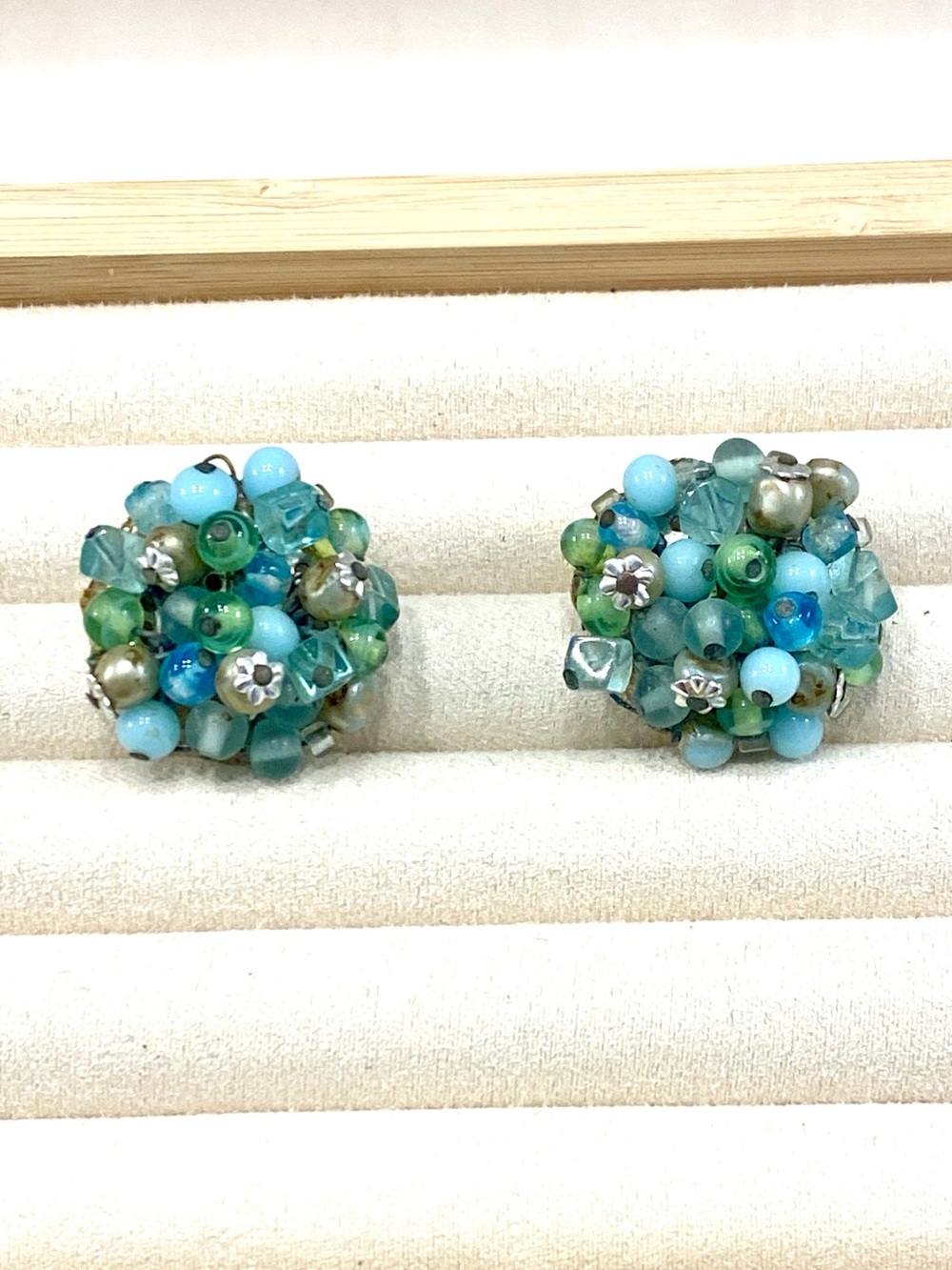Vintage Signed Japan Cluster Bead Stud Earrings - Aqua Green